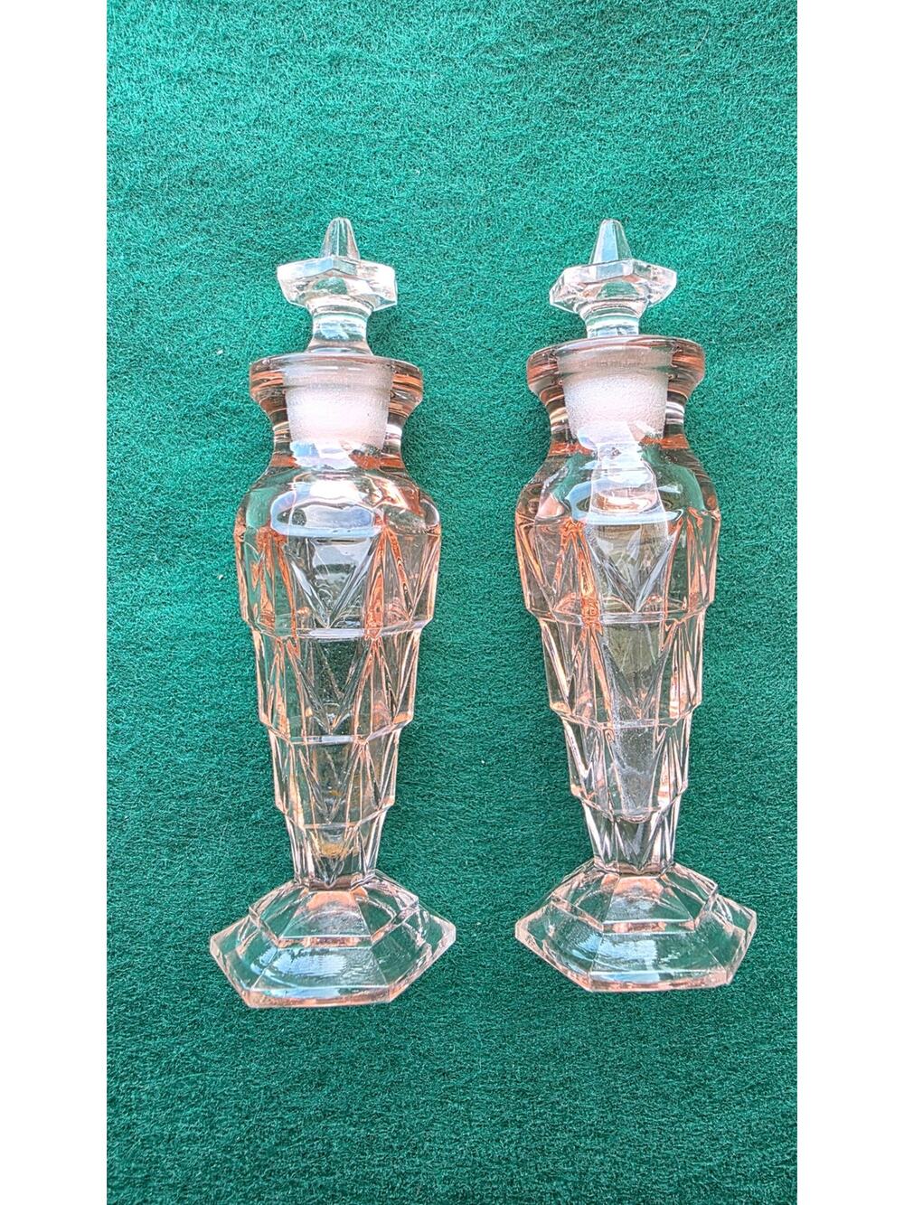 VINTAGE TIFFIN GLASS PERFUME BOTTLES Chipperfield Matched Pair PINK Bottle